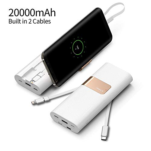 Book Cover iWALK 20000mAh Portable Charger QC3.0 Power Bank Built-in USB C & Micro USB Cables, External Battery Pack Compatible with iPhone 11 XS Max 8 7 6 Plus,Samsung S9/S8 Nintendo Switch and More,White