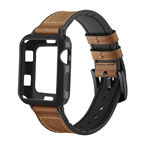 Book Cover Maxjoy Compatible with Apple Watch Band 38mm,Hybrid Bands Vintage Leather and Rubber Sweatproof Strap with Silicone Protective Case Replacement for iWatch Series 3/2/1 Nike+ Sport Edition Dark Brown