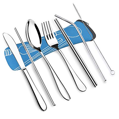 Book Cover VICBAY 7psc Reusable Lunch Cutlery Set, Stainless Steel Straws with Brush, Travel Camping Flatware Set Utensils, Drinking Metal Straws for Tumblers Beverage (Light-Blue)