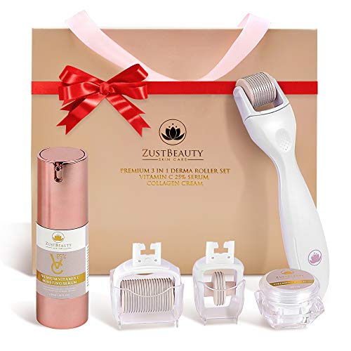 Book Cover ZUSTBEAUTY | Derma Roller Kit for Face, Body, Stomach, Lip | 0.3MM Titanium Microneedle Roller Heads: 180 for Near Eyes, 600 for Face & 1200 for Body | With Vitamin C Serum & Collagen Cream | Free Set