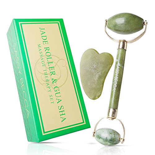 Book Cover Jade Roller For Face & Gua Sha Scrapping Slimming, Firming & Rejuvenating Tool- Anti-Aging, Anti-Wrinkles, Puffiness- Natural Facial Skin Massager Treatment Therapy- Premium Authentic Jade Stone