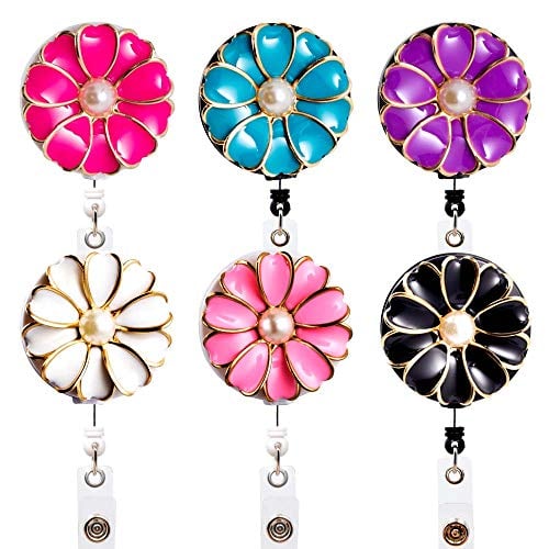 Book Cover Qinsuee 6 Pack Camellia Badge Reels, 24 in Retractable Cord with Rotating Alligator Clip, Assorted Colors ID/Name Badge Holder Clip for Nurse, Teacher and Office Use