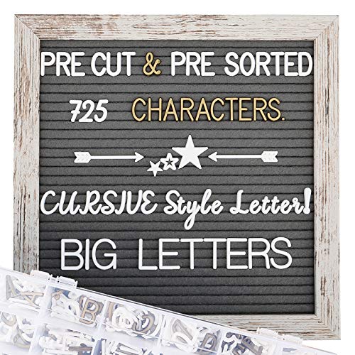 Book Cover Felt Letter Board with Letters, 10x10 inch Changeable Letter Boards + Pre Cut & Sorted 725 White & Gold Letters, Cursive Style Letters, Big Letters, Letter Organizer, Wall & Tabletop Display.