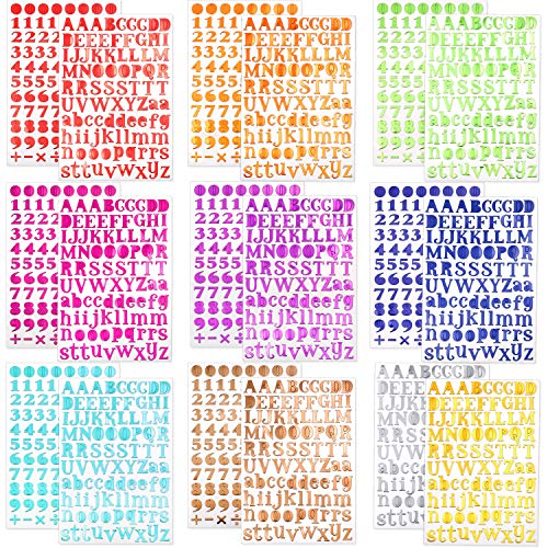 Book Cover 18 Sheets Colorful Number and Letter Alphabet Sticker Self Adhesive PU Shiny Stickers for Arts Craft Greeting Cards Scrap Books Home Decoration