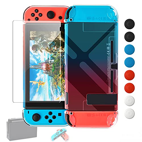 Book Cover Dockable Case Compatible with Nintendo Switch, Protective Accessories for Nintendo Switch and Soft TPU Grip Case for Nintendo Switch Joy-Con with Glass Screen Protector and 8 Thumb Grips Caps BlueRed