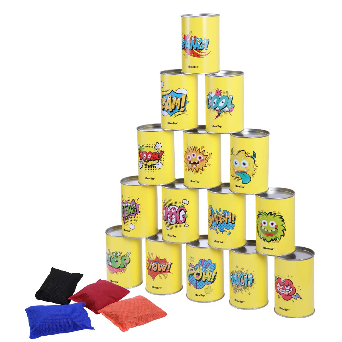 Book Cover iBaseToy Carnival Games Kids Beanbag Toss Game Set 19 Pieces, Carnival Outdoor Games Tin Can Alley Game for Kids Party - 15 Tin Cans and 4 Beanbags Included