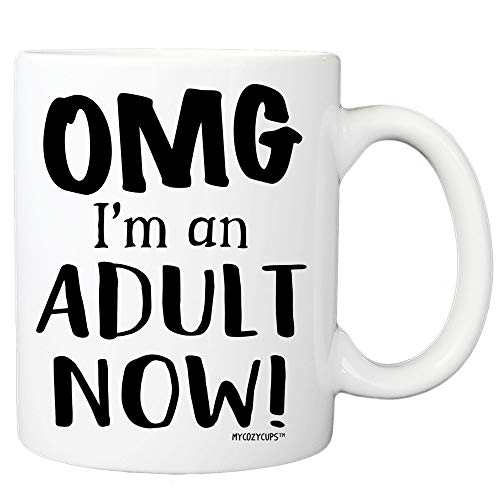 Book Cover 18th Birthday Mug - OMG I'm An Adult Now! Coffee Mug - 11oz Cup for Son, Daughter, Best Friend, Senior High School Graduation - Born in 2003 2004 Year Gift for 18 Year Old - Eighteenth Bday