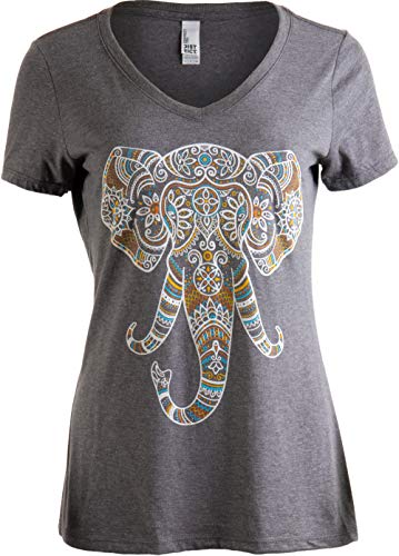 Book Cover Elephant Aesthetic | Ornate Stylized Line Art Yoga V-Neck T-Shirt for Women