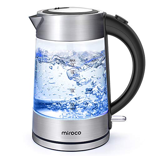 Book Cover Electric Kettle, Miroco 1.7L Cordless Glass Kettle Electric Tea Kettle BPA-Free, Stainless Steel Finish, Fast Boiling with Auto Shut Off, Boil-Dry Protection, Hot Water Kettle with LED Indicator Light