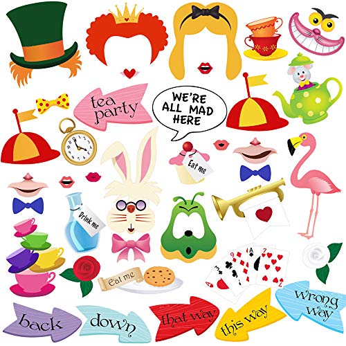 Book Cover Alice In Wonderland Photo Booth Props, BizoeRade 40pcs Alice In Wonderland Party Supplies and Decorations, Perfect for Tea Time, Kids Birthday, Girls Party