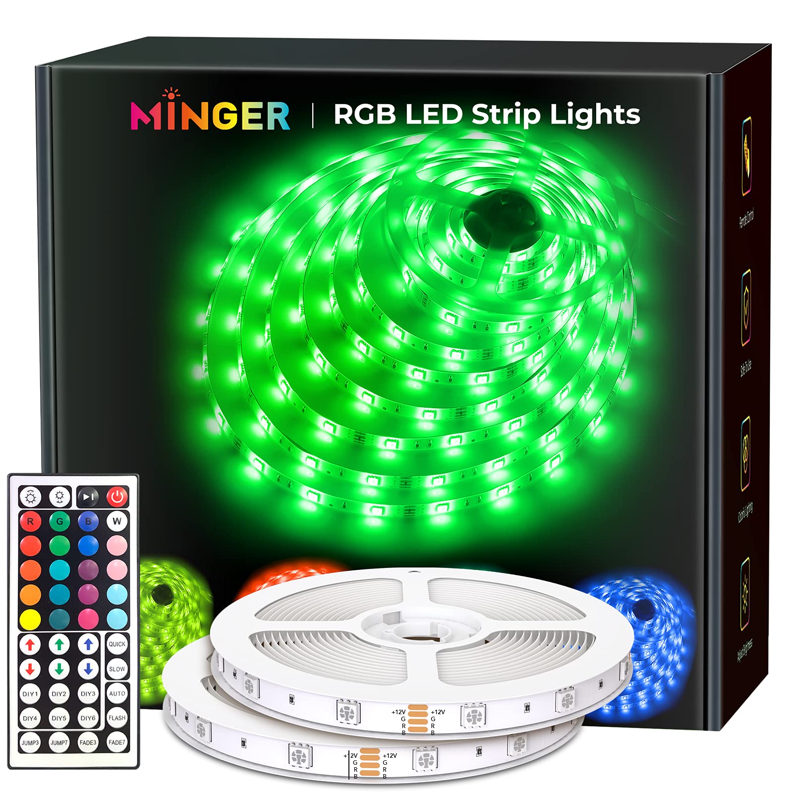 Book Cover MINGER LED Strip Lights, 32.8ft RGB LED Light Strips with Remote and Control Box, Bright 5050 LEDs, 20 Colors and DIY Mode Color Changing LED Lights, Easy Installation Light Strip for Bedroom, Ceiling, Kitchen, 2 rolls of 16.4ft 32.8Feet