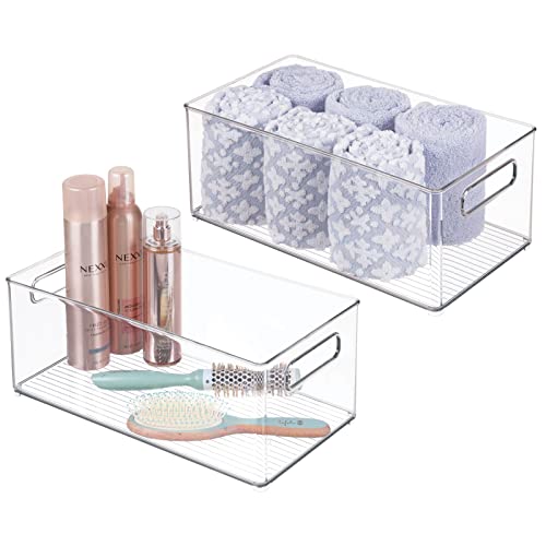 Book Cover mDesign Deep Plastic Storage Organizer Container Bin, Bath and Shower Organization for Cabinet, Cupboard, Shelves, Counter, or Closet - Holds Shampoo, Vitamins, Ligne Collection, 2 Pack, Clear