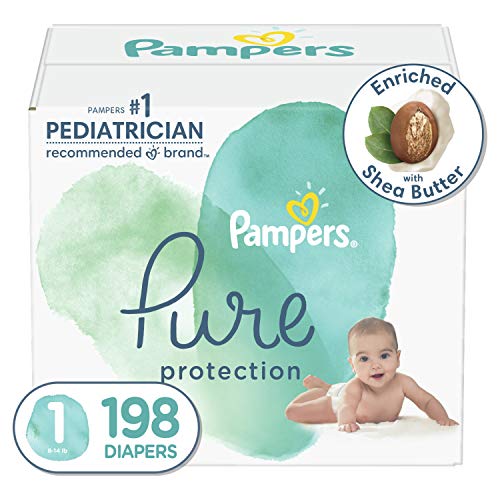 Book Cover Diapers Size 1, 198 Count - Pampers Pure Protection Disposable Baby Diapers, Hypoallergenic and Unscented Protection, ONE Month Supply (Packaging & Prints May Vary)