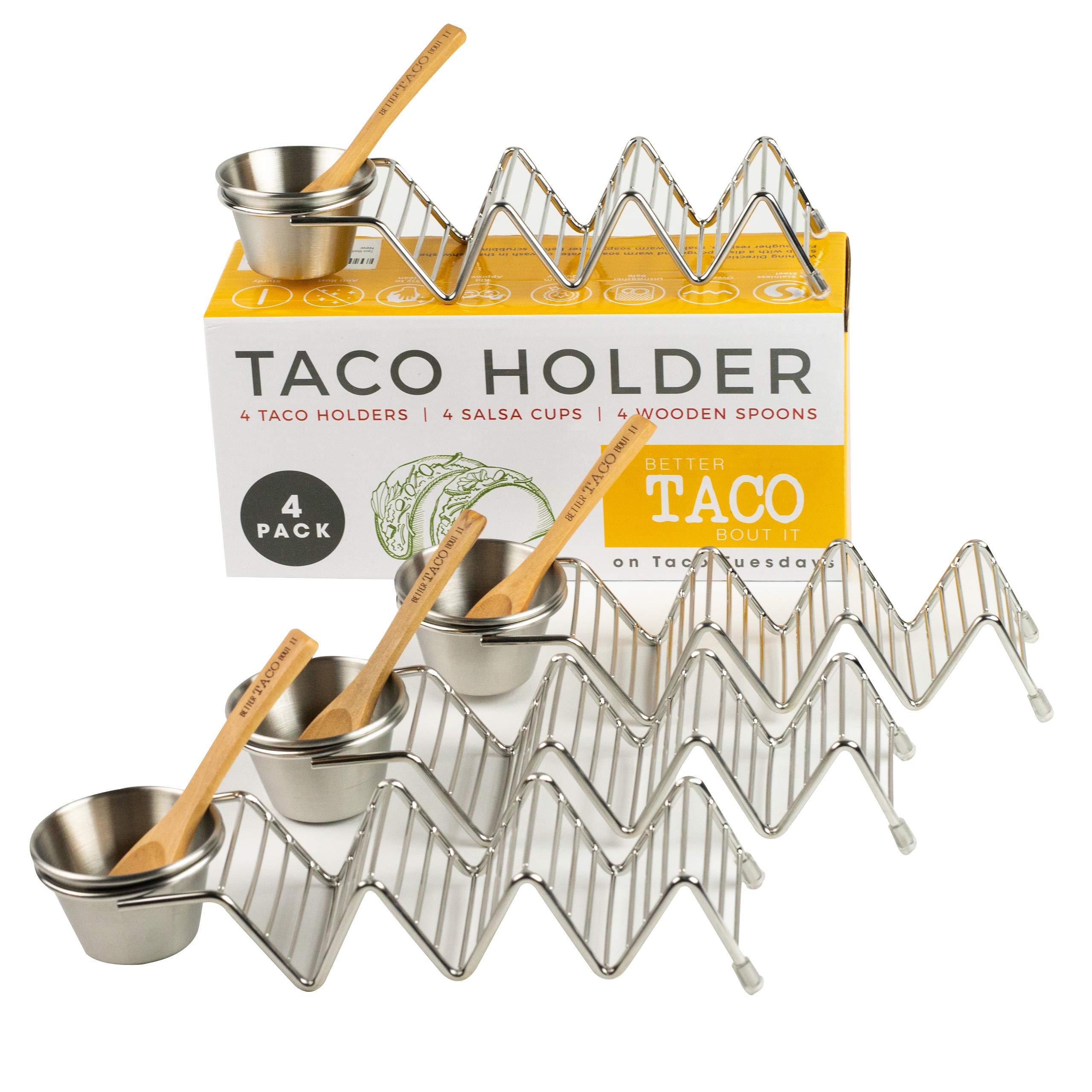 Book Cover Taco Shell Stand Up Holders - 4 Pack Premium Stainless Steel Oven, Dishwasher Safe Taco Holder, Holds 3 Tacos Each Keeping Shells Neat and Upright, Also Comes With 4 Salsa Cups and 4 Wooden Spoons
