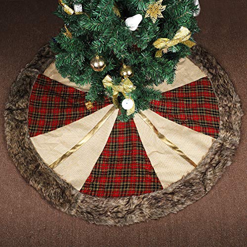 Book Cover CWLAKON Thicken Christmas Tree Skirt 48â€-Red Black Plaid,Linen Burlap with Faux Fur Trim Border.No Smell.Double layers a Fine Decorative Handicraft for Christmas Tree Decoration