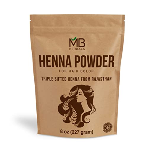 Book Cover MB Herbals Henna Powder 8 oz (227 Gram) / 0.5 lb | 100% Pure & Natural Henna Powder, Nothing Added | For Natural Orange-Red Hair Color | Triple Sifted Henna For Hair Dye | From Rajasthan India