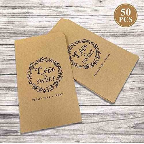 Book Cover 50Pcs Wedding Favors Candy Buffet Bags - Brown Kaft Paper Wedding Favor Rustic Bags Good for Treat Snacks or Cookie Buffets - Please Take A Treat