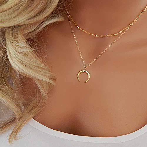 Book Cover Jovono Boho Layered Choker Necklaces Moon Pendant Necklace Beaded Necklace Chain for Women and Girls (Gold)