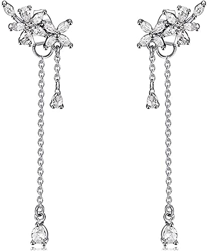 Book Cover 925 Sterling Silver Leaves Wrap Earrings Crawler for Women Dainty Flowers Threader Tassel Chain