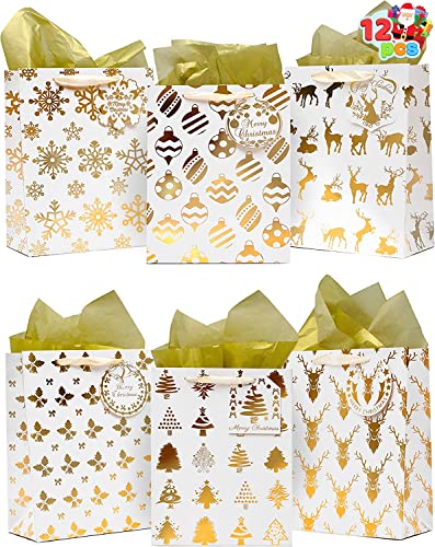 Book Cover JOYIN 12 PCS Christmas Holiday Foil Gold Gift Bags with Tissue Papers and Name Card Tags; Assorted White Winter Prints for Party Favors Goody Bags, Xmas Presents, Classrooms and Wrapping Stocking Stuffers.