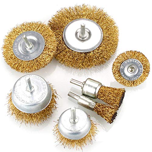 Book Cover 7pcs Wire Brush Kit for Drill, Brass Coated Wire Brush Wheel & Cup Brush Set with 1/4-Inch Shank, 7 Sizes Coated Wire Drill Brush Set Perfect for Removal of Rust, Corrosion, Paint