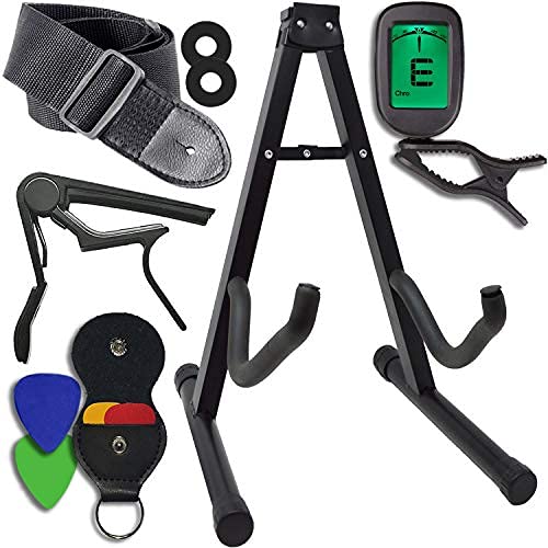 Book Cover Guitar Accessories Kit - Stand, Clip-on Tuner, Strap w/Locks, Capo, 4 Assorted Picks, w/Leather Holder - For Acoustic and Electric Instruments - Great Gift For Beginners and Advanced Players