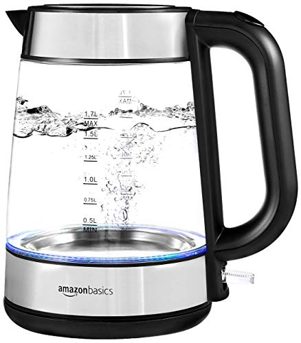 Book Cover Amazon Basics Electric Glass and Steel Hot Tea Water Kettle, 1.7-Liter, Black and Sliver