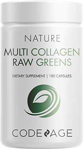 Book Cover Codeage Multi Collagen Protein Capsules + Organic Greens Superfood - Fruits & Vegetables Pills Supplement - Grass Fed Collagen Peptides (Typesâ… , â…¡, â…¢, â…¤ & â…©) - Hydrolyzed, Non-GMO - 180 Count