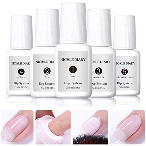 Book Cover NICOLE DIARY 7ml Dipping Nail Powder System Liquid Clear Full System Set of Liquids with Bond,Base,Activator,Top,And Brush Saver Nail Art Manicure Gel Polish No UV Lamp Needed