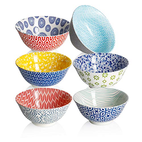 Book Cover Amazingware Porcelain Salad Bowls - 18 Ounce for Cereal, Soup, Salad and Pasta, Bowl Set of 6, Assorted Designs