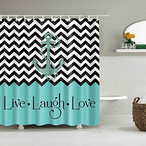 Book Cover Shower Curtain Set with Hooks Nautical Anchor Chevron Zigzag Live Laugh Love Bathroom Decor Waterproof Polyester Fabric Bathroom Accessories Bath Curtain 72 x 72 inches