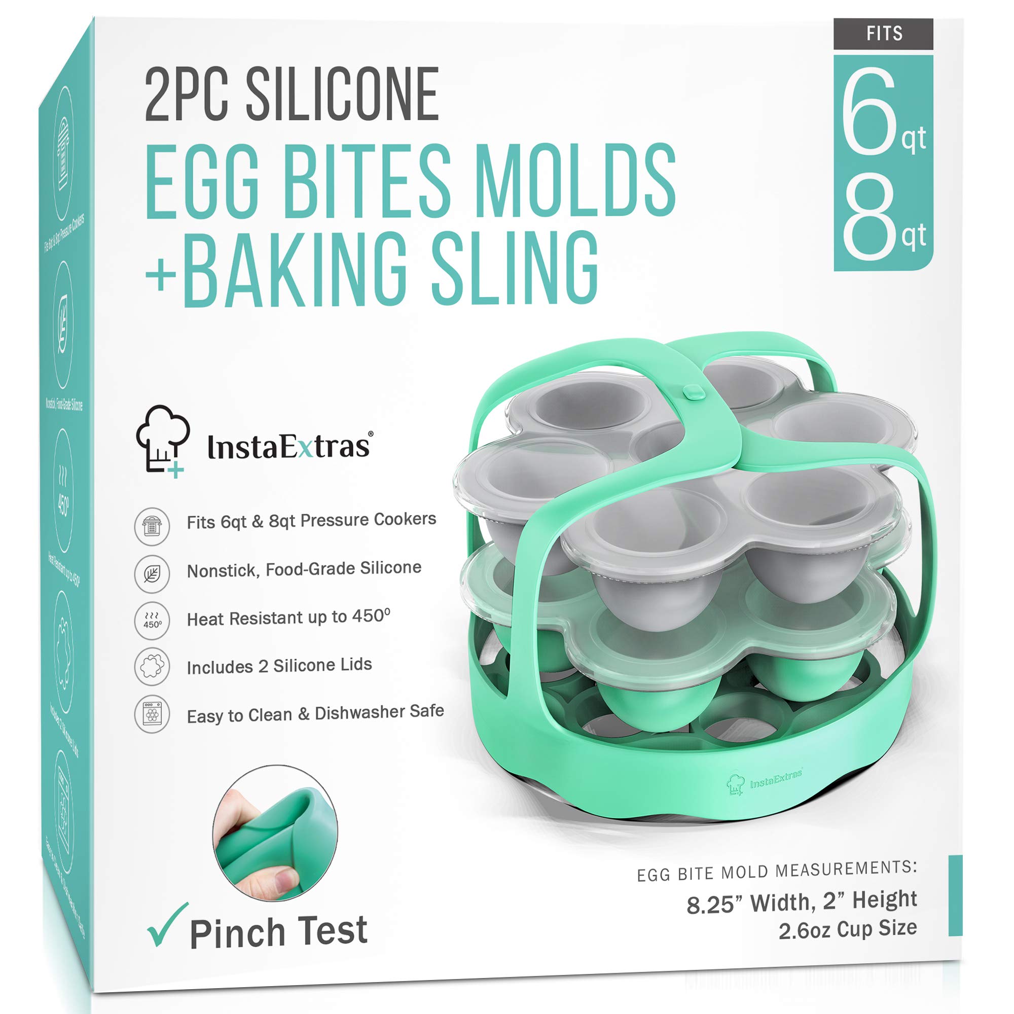 Book Cover Egg Bite Molds Compatible With Instant Pot, Ninja Foodi and Pressure Cookers 5-Qt 6-Qt 8-Qt - 2 Pack Set Silicone Mold, Lid, and Silicon Sling - Mould For Egg-Bites, Sous Vide, Eggbite Muffin