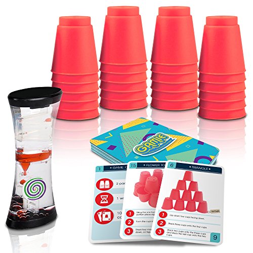 Book Cover Gamie Stacking Cups Game with 18 Fun Challenges and Water Timer, 24 Stacking Cups, Sturdy Plastic, Classic Family Game, Travel and Summer Game for Kids, Tons of Fun