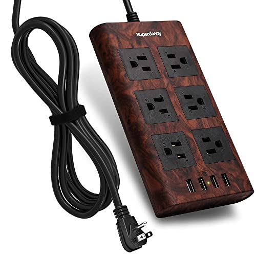 Book Cover Power Strip Surge Protector, SUPERDANNY 10Ft Heavy Duty Extension Cord with 6 Outlets and 4 USB Ports(1875W/15A), Flat Plug, Universal Voltage 110-240V for Home Office Dorm, Dark Wood Grain