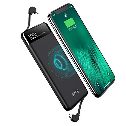 Book Cover Wireless Portable Charger,Portable Charger Power Bank,Sanag 10000mAh Wireless Battery Pack with Micro USB to Type-C Adapter Ports and LED Displaly,Built in Cables for iPhone,iPad,Samsung and More