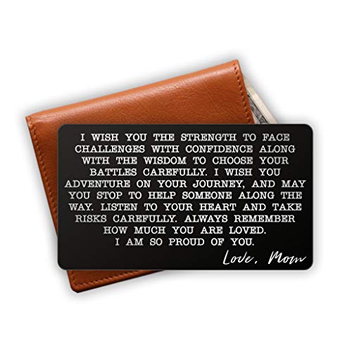 Book Cover Engraved Stainless Steel Wallet Card Insert - Son Gift Idea from Mom - Unique Mini Love Note to Son from Mother - Graduation Gift - Coming of Age Gift (Black)