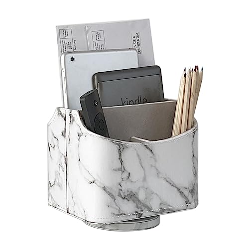 Book Cover UnionBasic 360 Degrees Rotatable Remote Control/Controller Organizer, Spinning TV Guide/Mail/Media Desktop Organizer Caddy Holder, PU Leather with Marble White Pattern