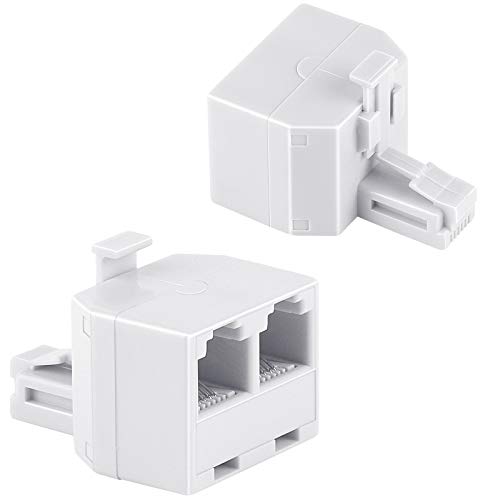 Book Cover Uvital RJ11 Plug 1 to 2 Dual Phone Line Splitter Wall Jack Split into Two Modular Converter Adapter for Office Home ADSL DSL Fax Model Cordless Phone System, White(2 Packs)