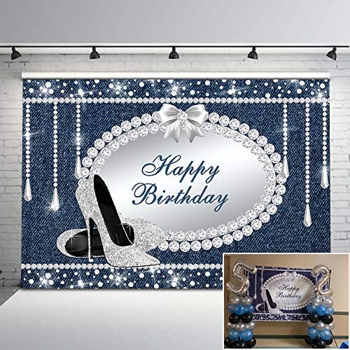 Book Cover Mehofoto Denim and Diamonds Party Backdrop Glitter Diamonds Crystal Heels Photography Backdrops 7x5ft Happy Birthday Vinyl Background Photoshoot Props