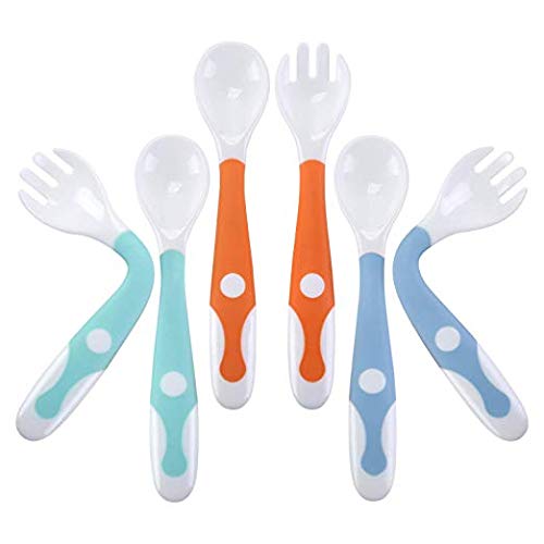 Book Cover Baby Utensils Spoons Forks 3 Sets, Cute Stone Toddlers Feeding Training Spoon and Fork Tableware Set Easy Grip Heat-Resistant Bendable BPA Free Great Self-Feeding Learning Spoons Forks for Kids