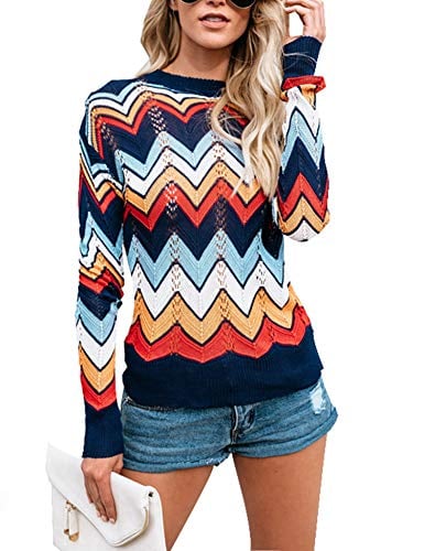 Book Cover Relipop Women's Pullover Jumper Crewneck Rainbow Color Striped Knit Sweater