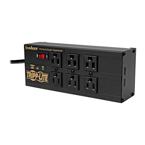 Book Cover Tripp Lite Isobar 6 Outlet Surge Protector Power Strip with 2 USB Charging Ports,10ft Long Cord,Right-Angle Plug, Metal, 3840 Joules,Lifetime Limited Warranty & $50K Insurance (IBAR6ULTRAUSBB)Black
