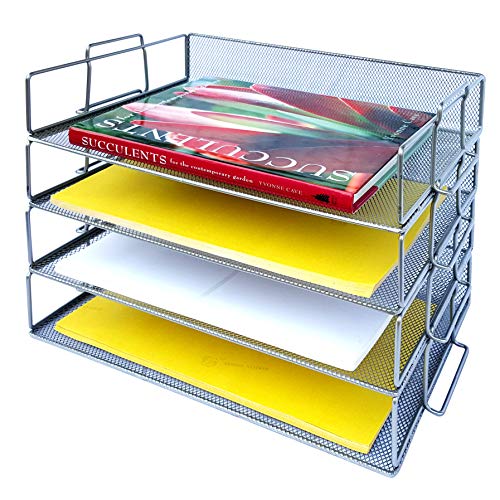 Book Cover 4-Tier Stackable Tray Paper Organizers Wire Mesh Desk File for Office Organization (Silver)