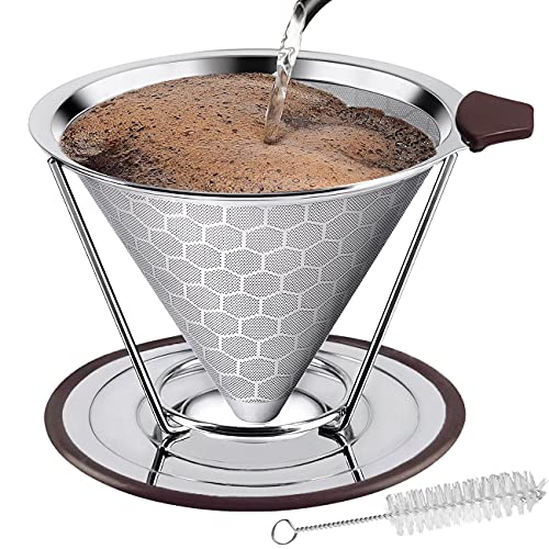 Book Cover Pour Over Coffee Maker, 1-4 Cup/28OZ Stainless Steel Reusable pour over coffee Coffee Filter Paperless Cone Coffee Dripper with Removable Cup Stand and Brush, Refillable Cup Coffee Filter Mesh Filter