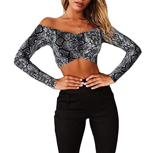 Book Cover WEEPINLEE Women's Sexy Off Shoulder Long Sleeve Tanks Snakeskin Print Party Club Crop Camis Tops