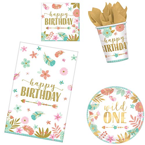 Book Cover 1st Birthday Party Supplies Bundle for 16 Guests | Baby Girl Boho Wild One Theme | 50 Piece Set Includes: Plates, Napkins, Cups, Table Cover & Party Planning eBook (Basic)