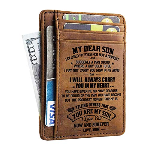 Book Cover Minimalist Wallets Gift for Son from Mom - Engraved Leather Front Pocket Wallet - Custom Wallet RFID Blocking (A - Mom to Son)