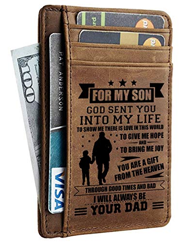 Book Cover Minimalist Wallets Gift for Son from Dad - Engraved Leather Front Pocket Wallet - Custom Wallet RFID Blocking