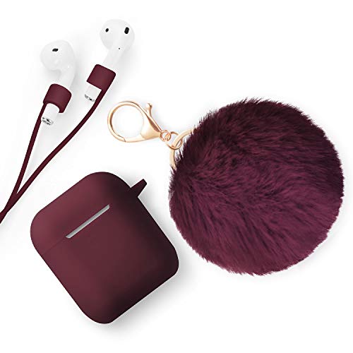 Book Cover Xmifer AirPods Case, Cute Airpods Case Keychain Drop Proof (Silicone Skin and Cover for AirPods Charging Case 2/1) with Fluffy Fur Ball Keychain and Airpods Anti-Lost Strap for Airpods 2/1(Wine)