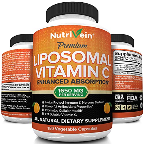 Book Cover Nutrivein Liposomal Vitamin C 1650mg - 180 Capsules - High Absorption Ascorbic Acid - Supports Immune System and Collagen Booster - Powerful Antioxidant High Dose Fat Soluble Supplement